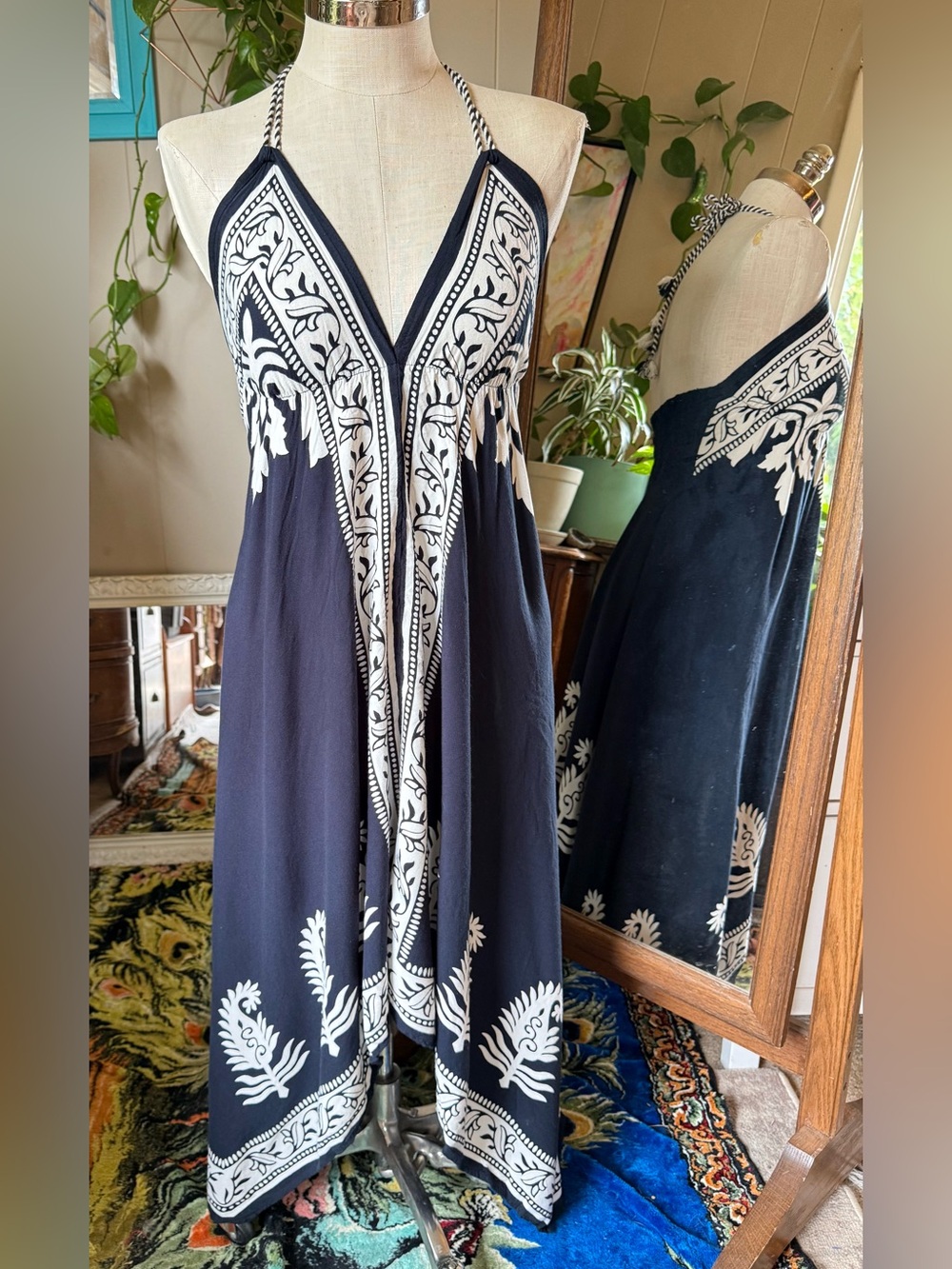 Advance Apparels Navy/White Floral Block Print Batik Scarf Dress, free size